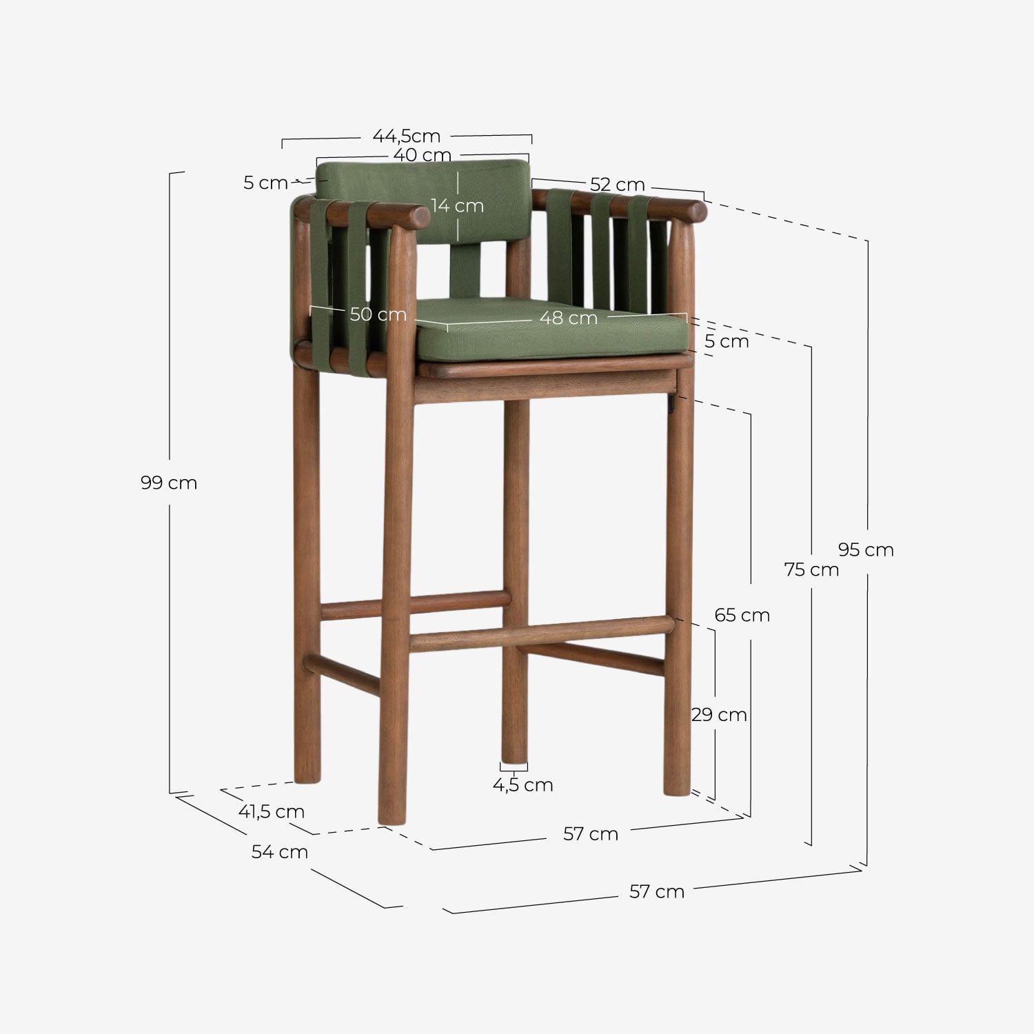 Set con tavolo bar quadrato 70x70 cm e 4 sgabelli bar in legno di eucalipto e tessuto Edvard, Misure