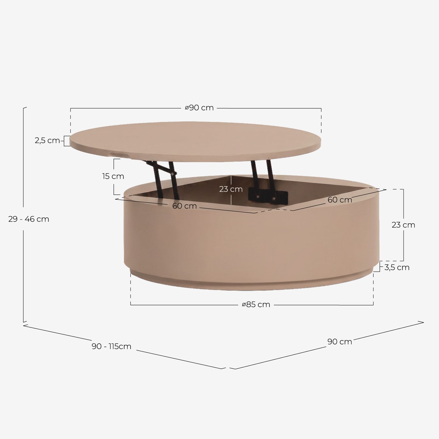 Tavolino rotondo con piano sollevabile Ø90 cm in legno Maele, Misure