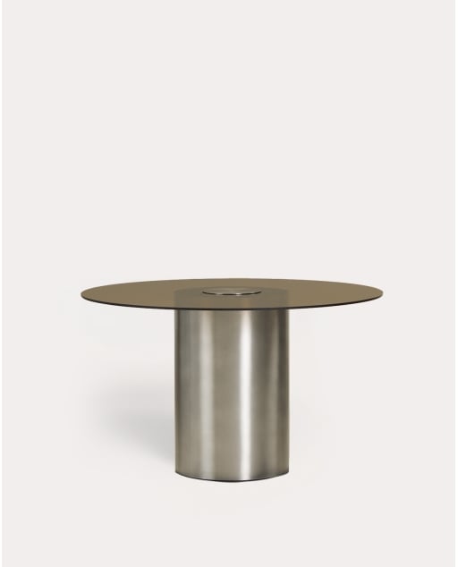 Tavolo da Pranzo Rotondo in Vetro Temperato e Acciaio Spazzolato (Ø130 cm) Revna
