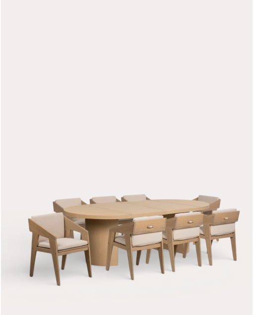 Set Tavolo Estensibile in Metallo Beca (Ø120-180x120 / 240x120 cm) e 8 Poltrone da Esterno in Legno di Acacia Tanon