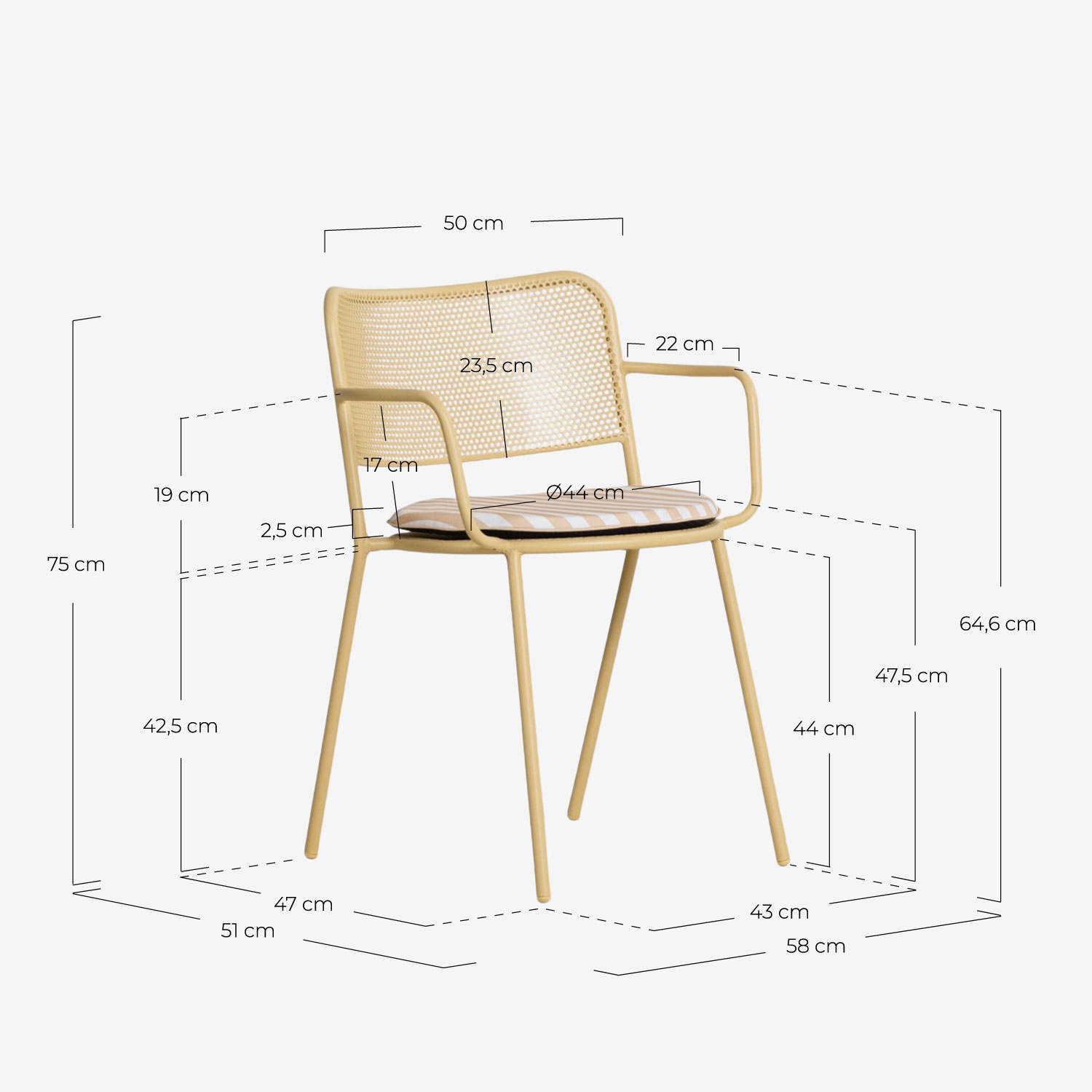 Set con tavolo rotondo Ø110 cm e 4 sedie da esterno con braccioli in metallo Dorothea, Misure