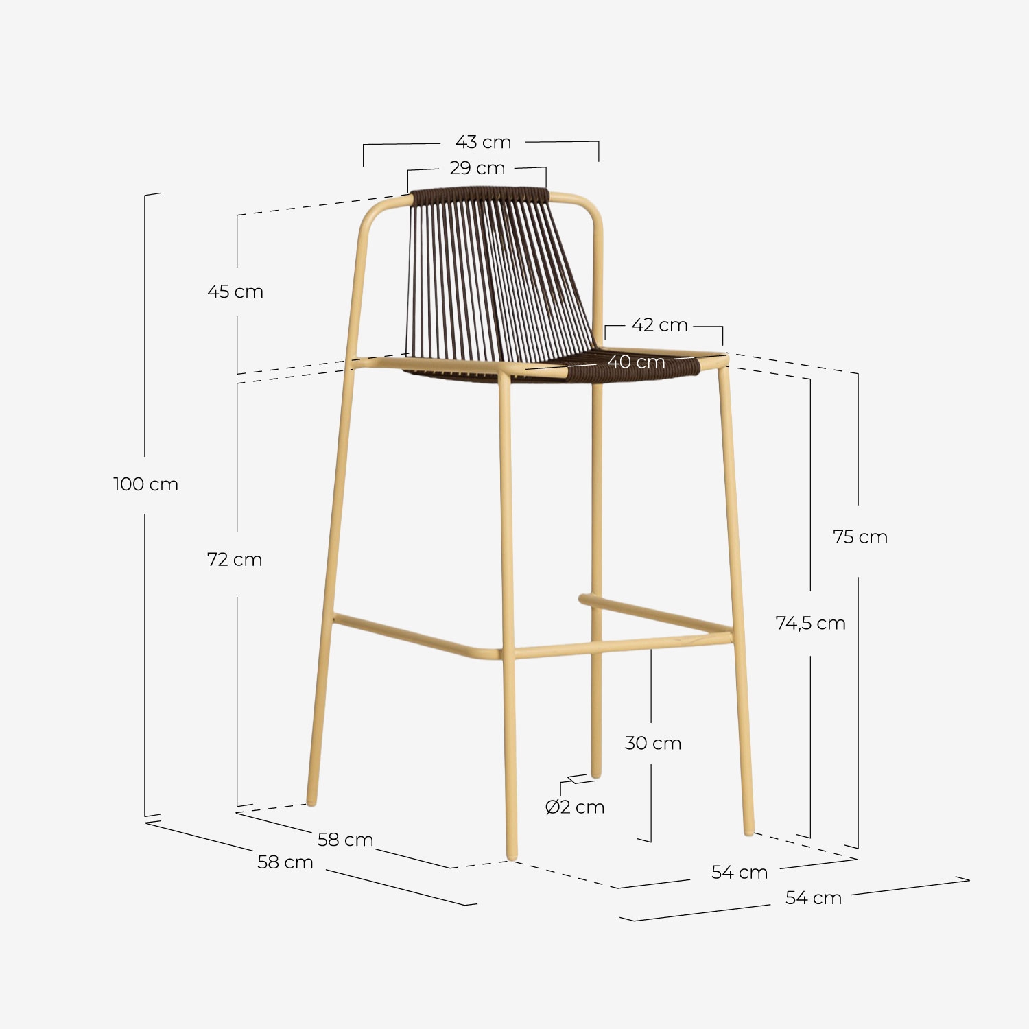 Set tavolo alto rotondo Nouli Ø70 cm e 2 sgabelli alti in metallo 75 cm Mayailer, Misure