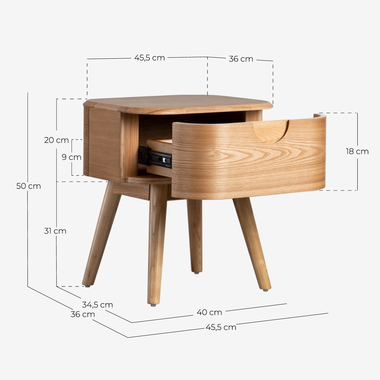 Mesa de Cabeceira com Gaveta em Madeira (45,5x36 cm) Tika, Medidas