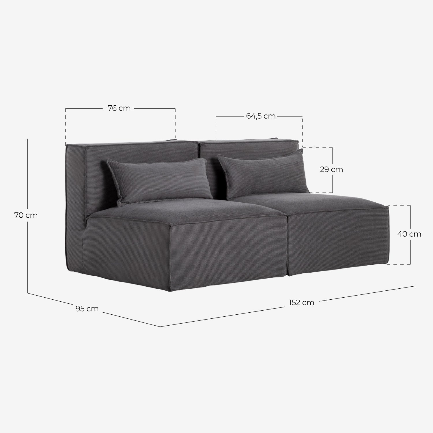Sofá Modular de 2 Peças em Veludo Kilhe, Medidas