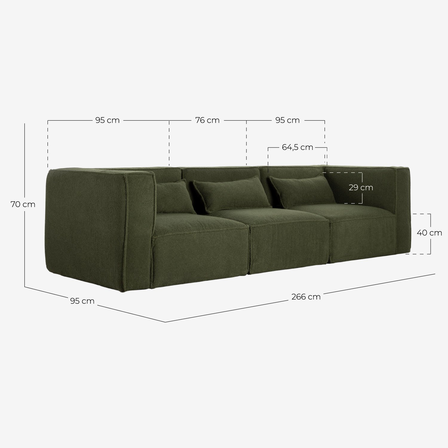 Sofá Modular de 3 peças com 2 Cadeirões de Canto em Tecido Bouclé Kilhe, Medidas