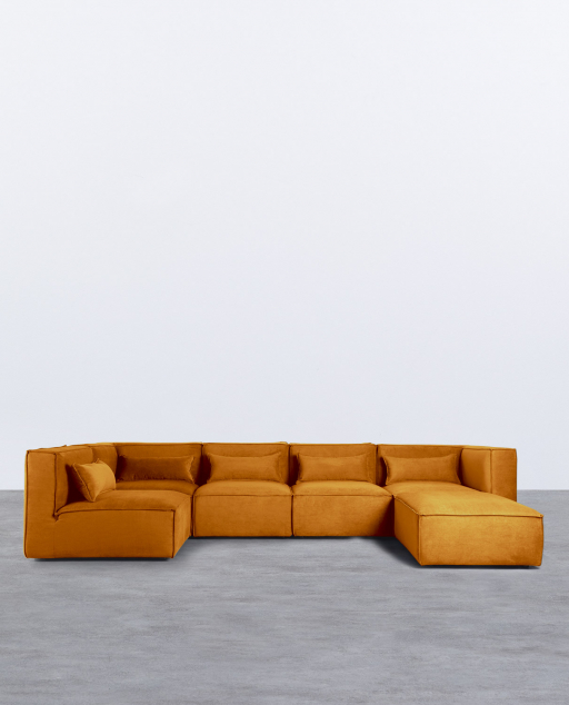 Sofá Modular de 5 Peças e puff em Veludo Kilhe - Veludo -Amarelo Curry