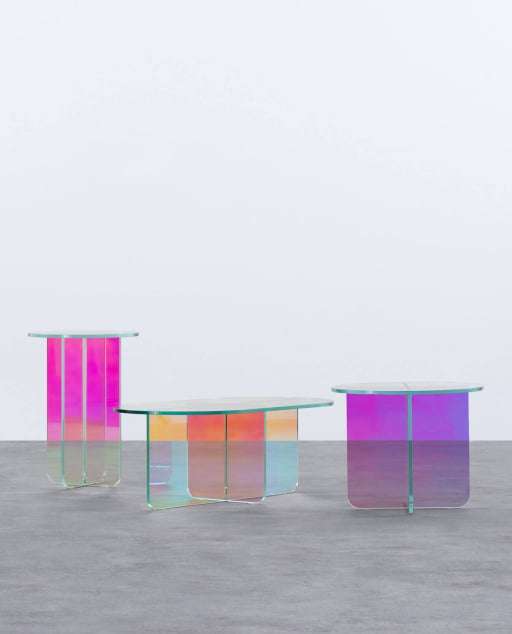 Conjunto de Mesas de Apoio e Centro Iridescente em Vidro Temperado Iris