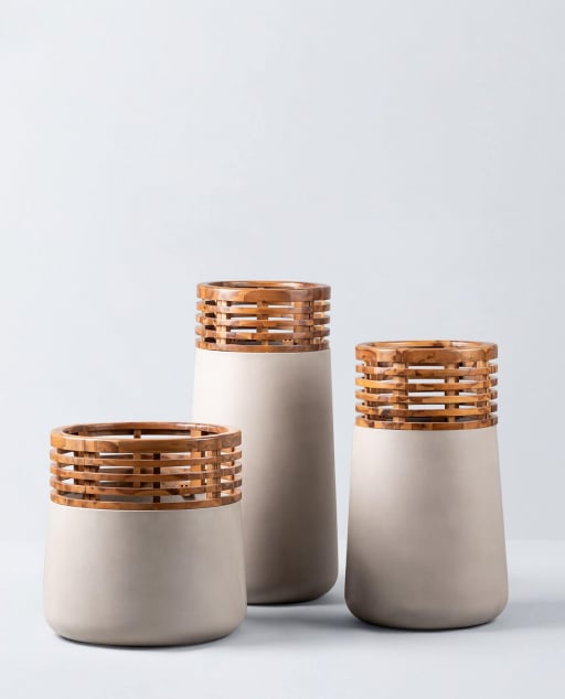 Set of 3 Acacia Concrete and Wooden Planters Hazan