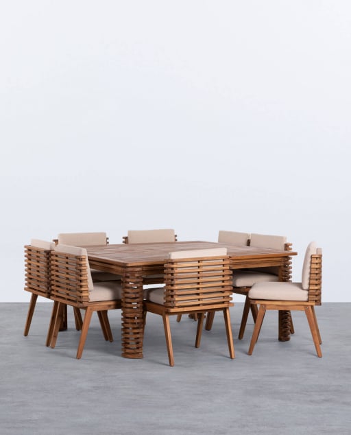 Conjunto de Mesa Quadrada e 8 Cadeiras em Madeira de Acácia e Tecido para Exterior Hazan