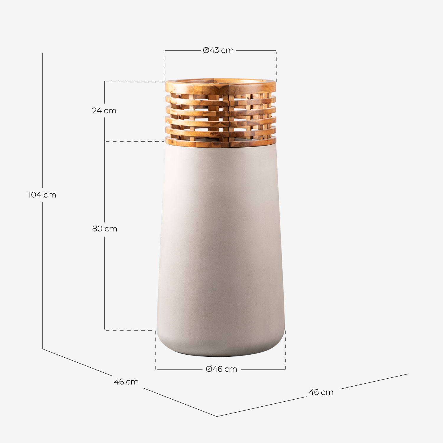 Vaso em Cimento e Madeira de Acácia 3XL (104xØ46 cm) Hazan, Medidas
