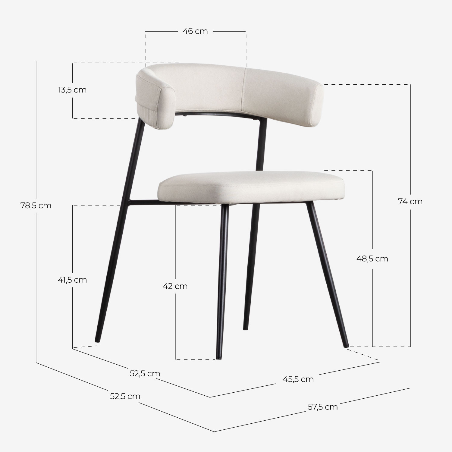 Pack 4 Cadeiras de Jantar em Metal e Tecido Eloise, Medidas