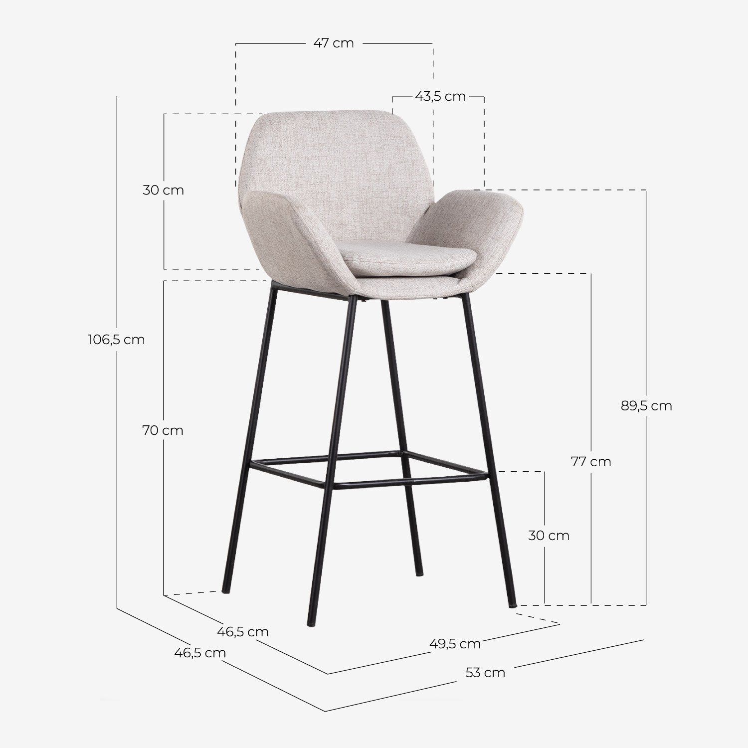 Banco Alto em Metal e Tecido (77 cm) Eider , Medidas