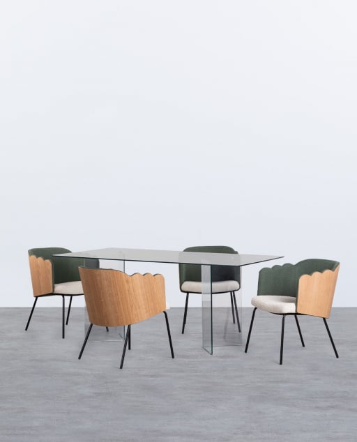 Set de Mesa de Jantar Retangular de Vidro Temperado Kamil e 4 Cadeiras de Madeira Rene - Verde Grove