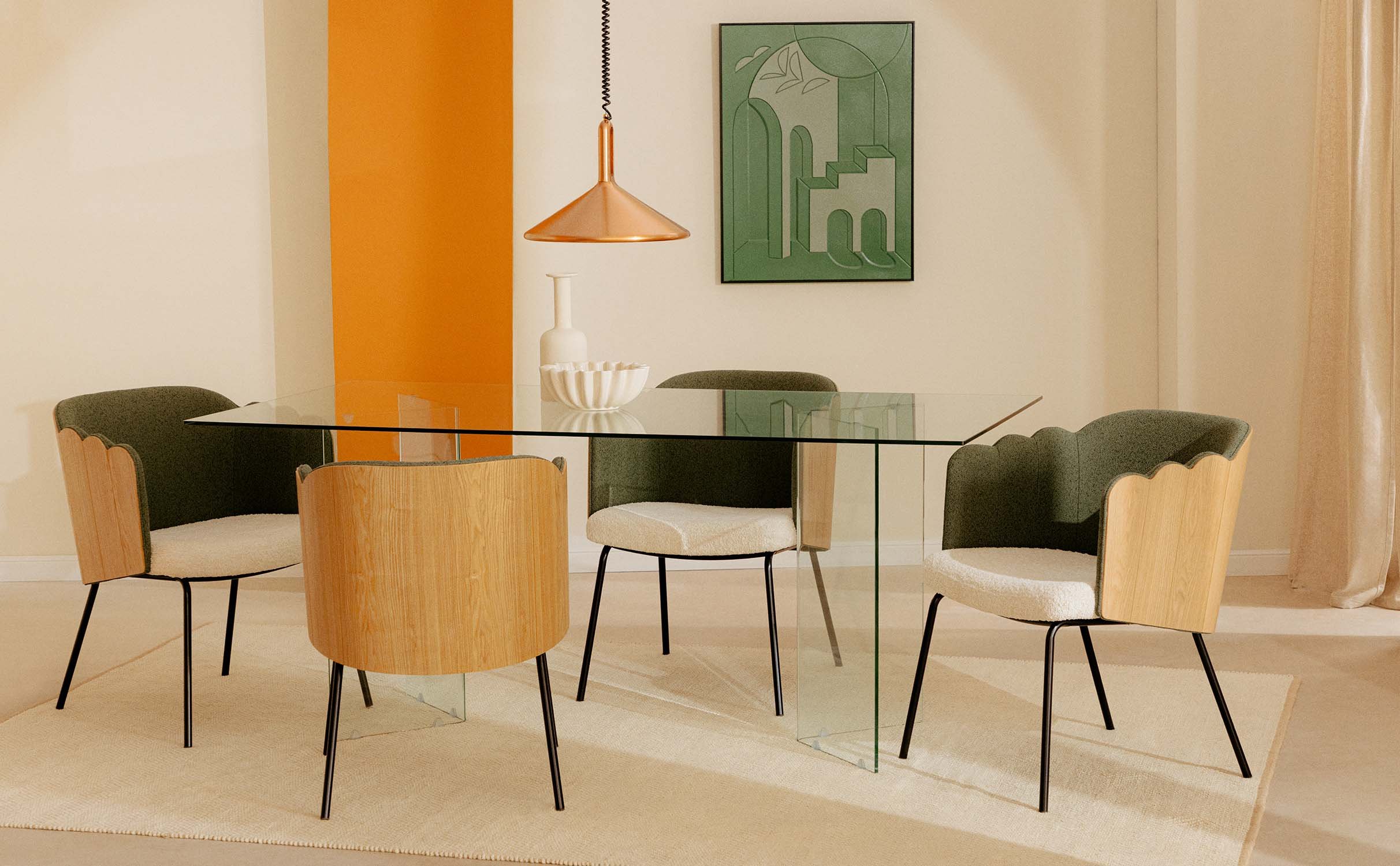 Set de Mesa de Jantar Retangular de Vidro Temperado Kamil e 4 Cadeiras de Madeira Rene, imagem de galeria 1