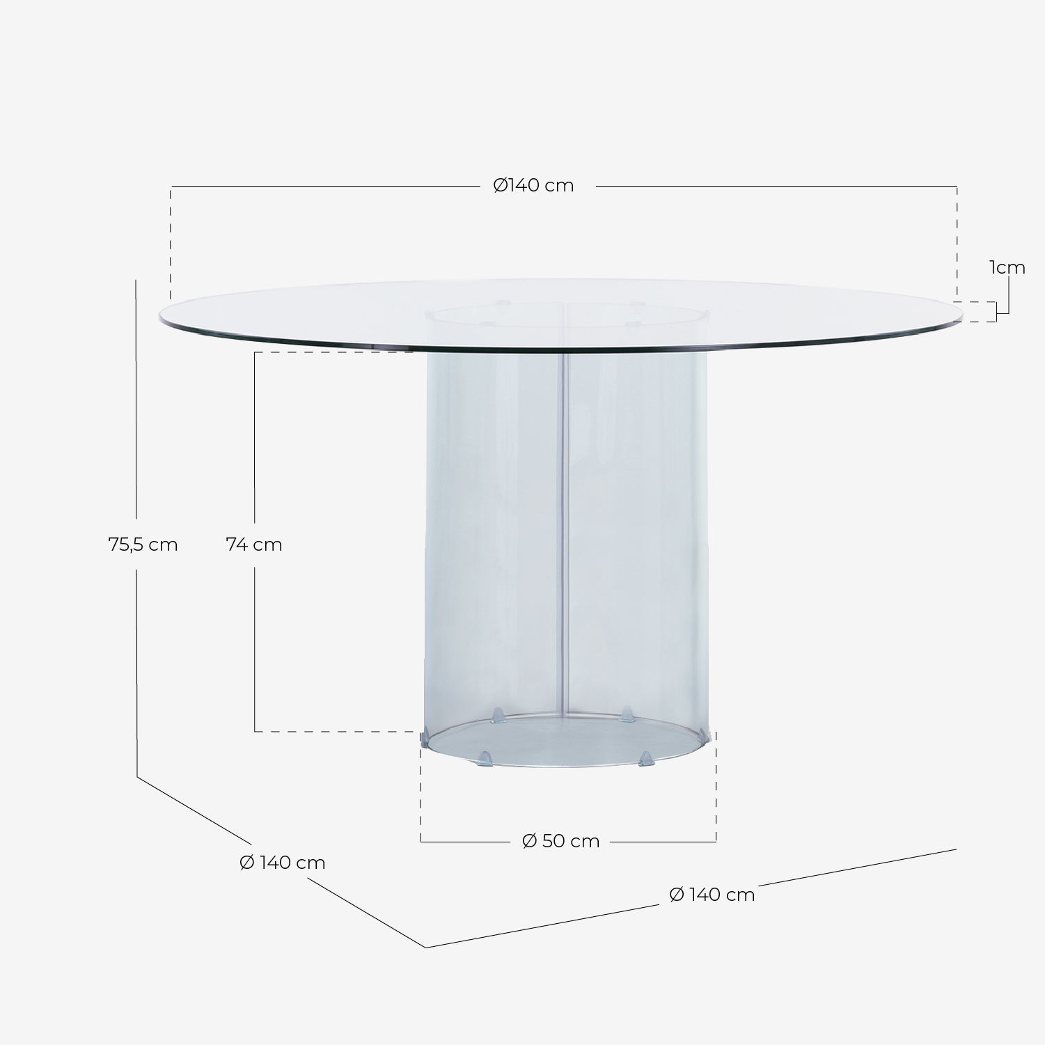 Conjunto de Mesa Redonda de Vidro Temperado Kolu e 4 Cadeiras de Metal Aras, Medidas