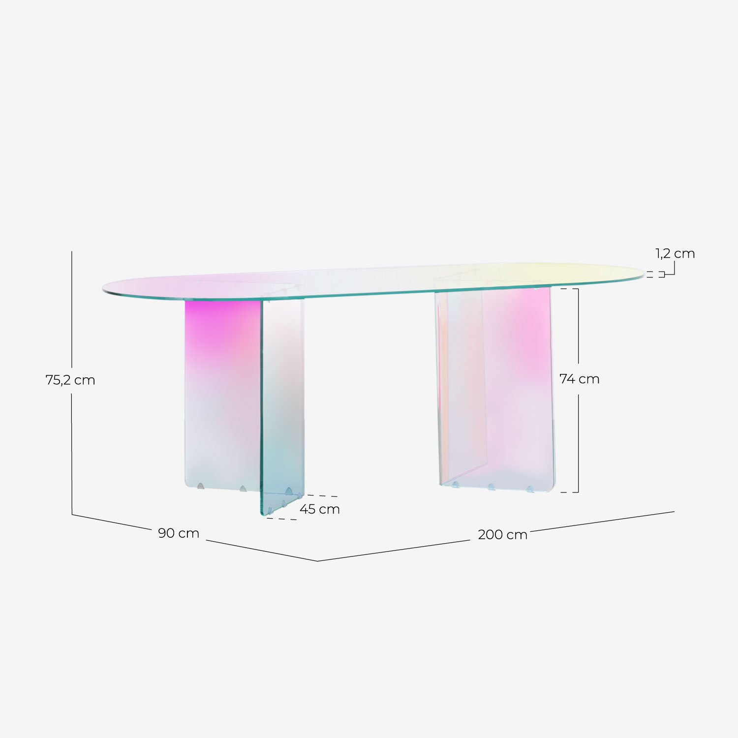 Conjunto de Mesa de Jantar em Vidro Temperado Iridescente (200x90 cm) Iris e 4 cadeiras de policarbonato Zuera, Medidas