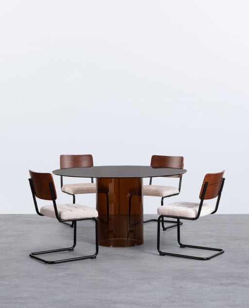 Conjunto de Mesa de Jantar Redonda de Vidro Temperado (Ø140 cm) Kolu e 4 Cadeiras de Madeira e Tecido Cuba