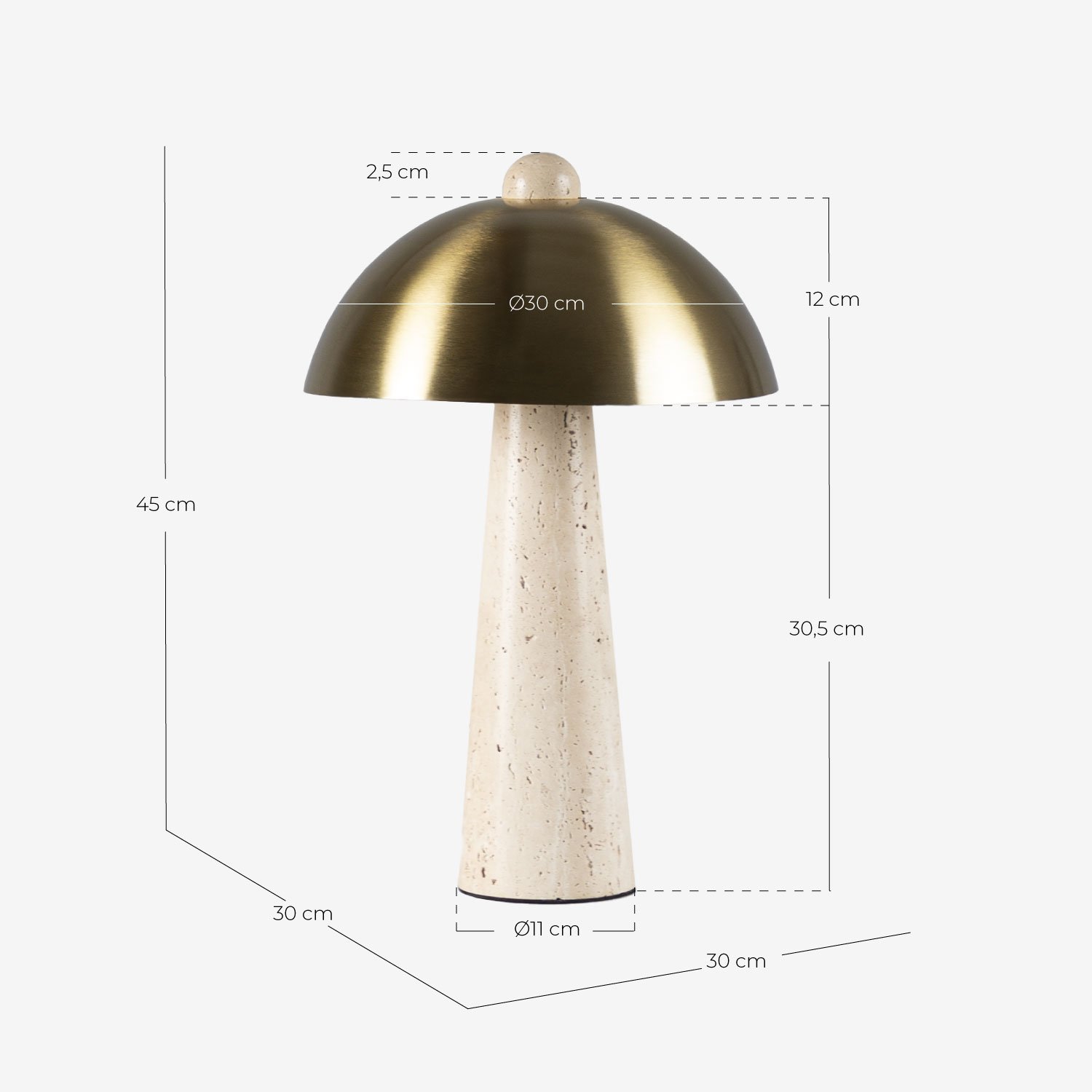 Candeeiro de Mesa em Metal com Mármore Travertino Hugo, Medidas