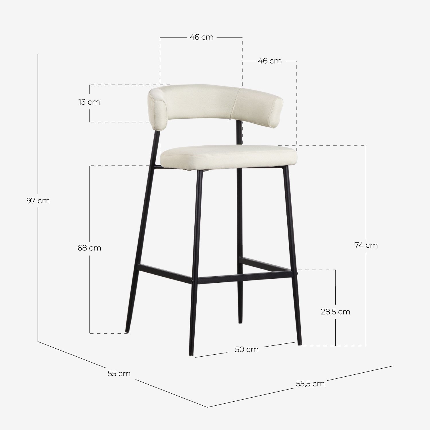 Pack 4 Bancos Altos de Metal e Tecido (74 cm) Eloise, Medidas