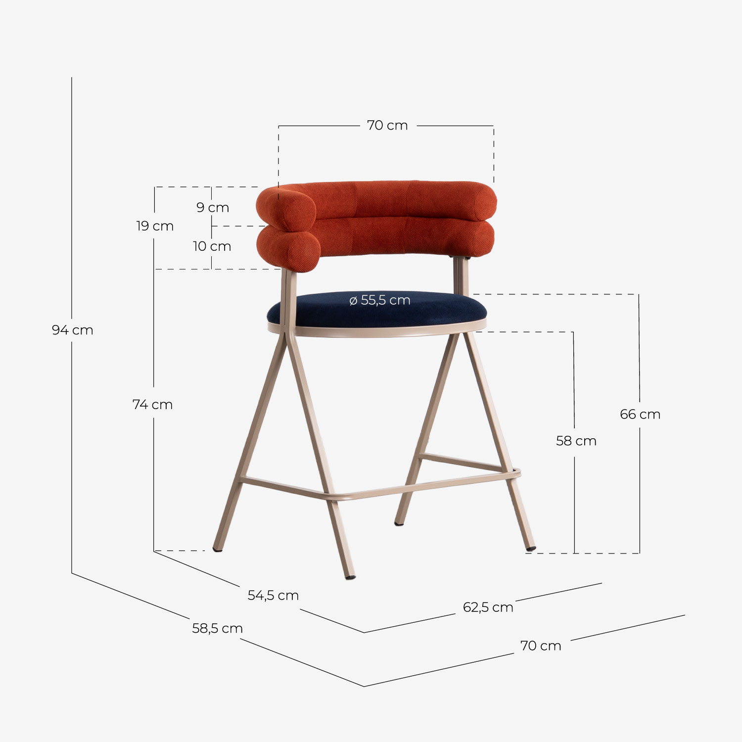 Pack 4 Bancos Altos em Tecido e Metal (66 cm) Aixa, Medidas