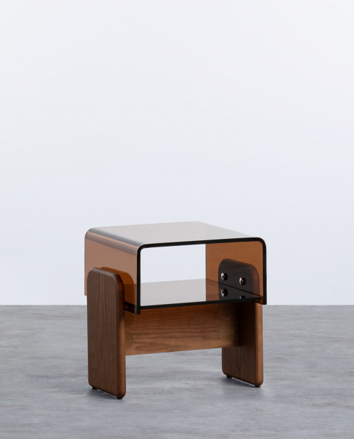 Mesa Lateral Retangular de Vidro Curva e Madeira (45x40 cm) Clery