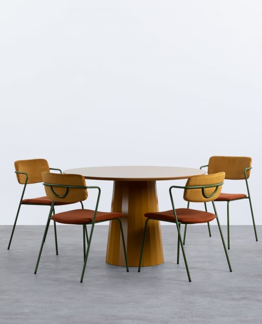 Conjunto de Mesa de Jantar Redonda Irem (Ø120 cm) e 4 Cadeiras em Tecido Irun