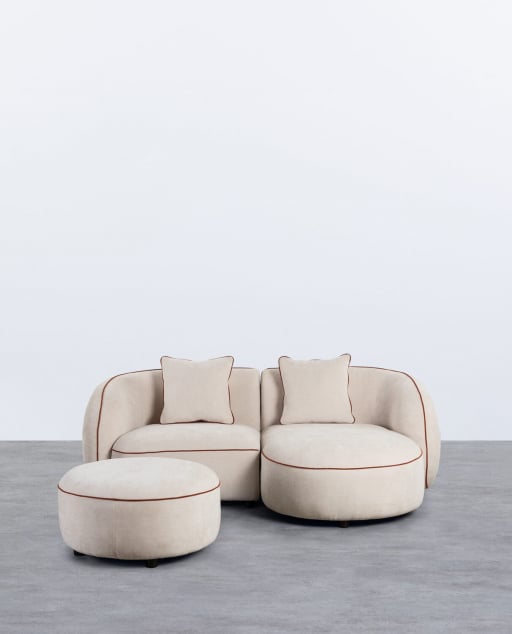 Sofá modular de canto de 2 peças com chaise longue e pufe redondo em tecido Ilham