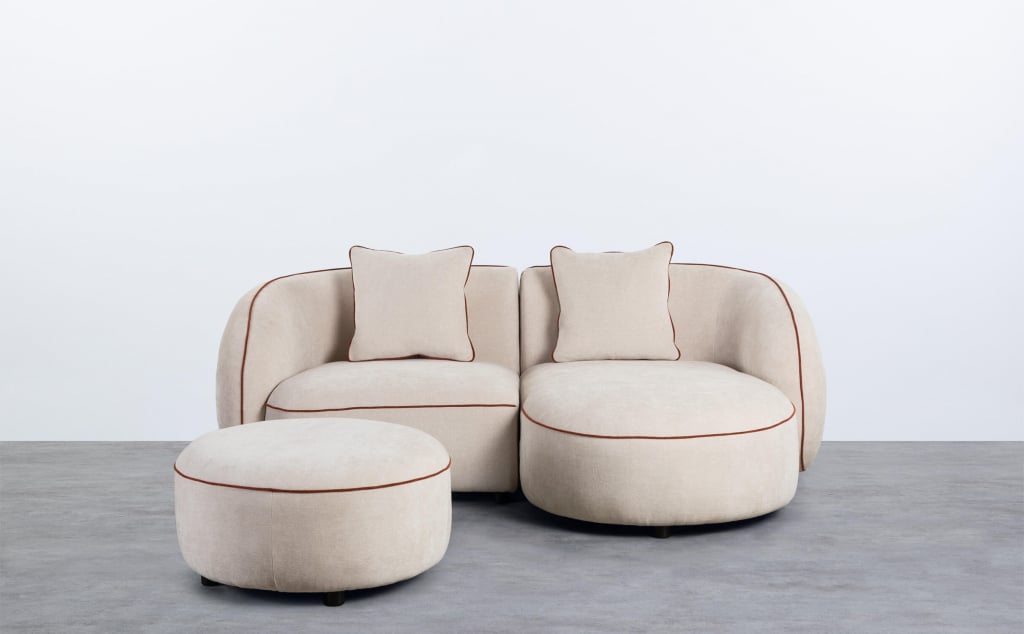 Sofá modular de canto de 2 peças com chaise longue e pufe redondo em tecido Ilham