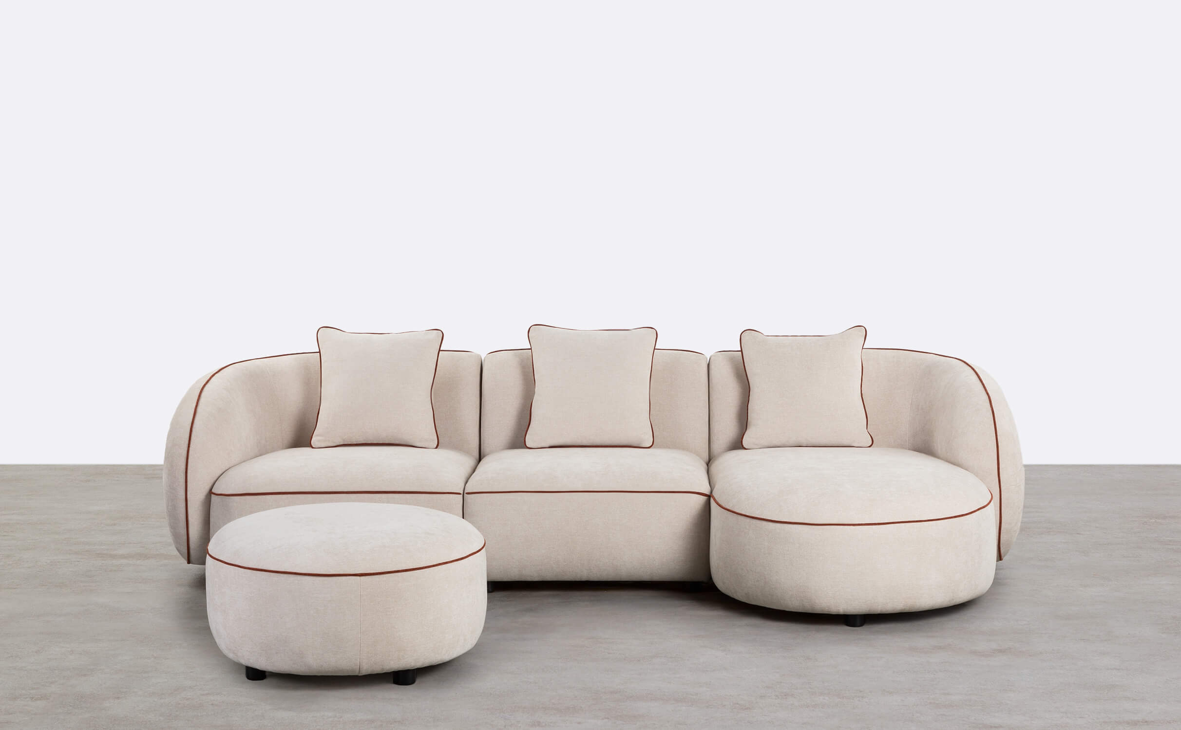 Sofá Modular 3 Peças Chaise Longue com Canto e Puff Redondo em Tecido Ilham , imagem de galeria 1