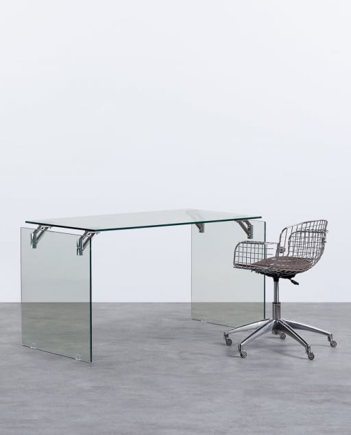 Conjunto de Secretária de Vidro Temperado (134x70 cm) Arey e Cadeira de Secretária Vintage Low Back Aras