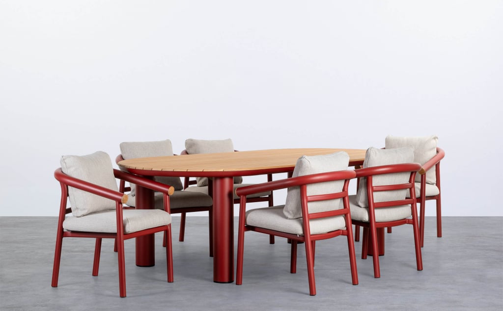 Conjunto de Mesa Oval e 6 Cadeiras em Alumínio e Madeira Teca de Exterior Cheryl