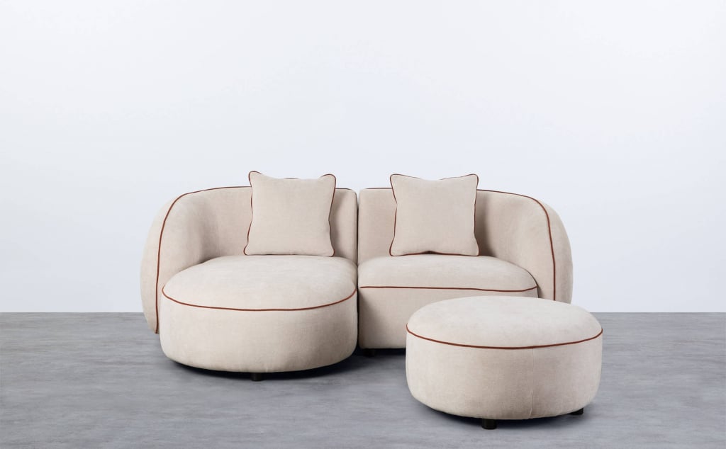 Sofá modular de canto de 2 peças com chaise longue e pufe redondo em tecido Ilham