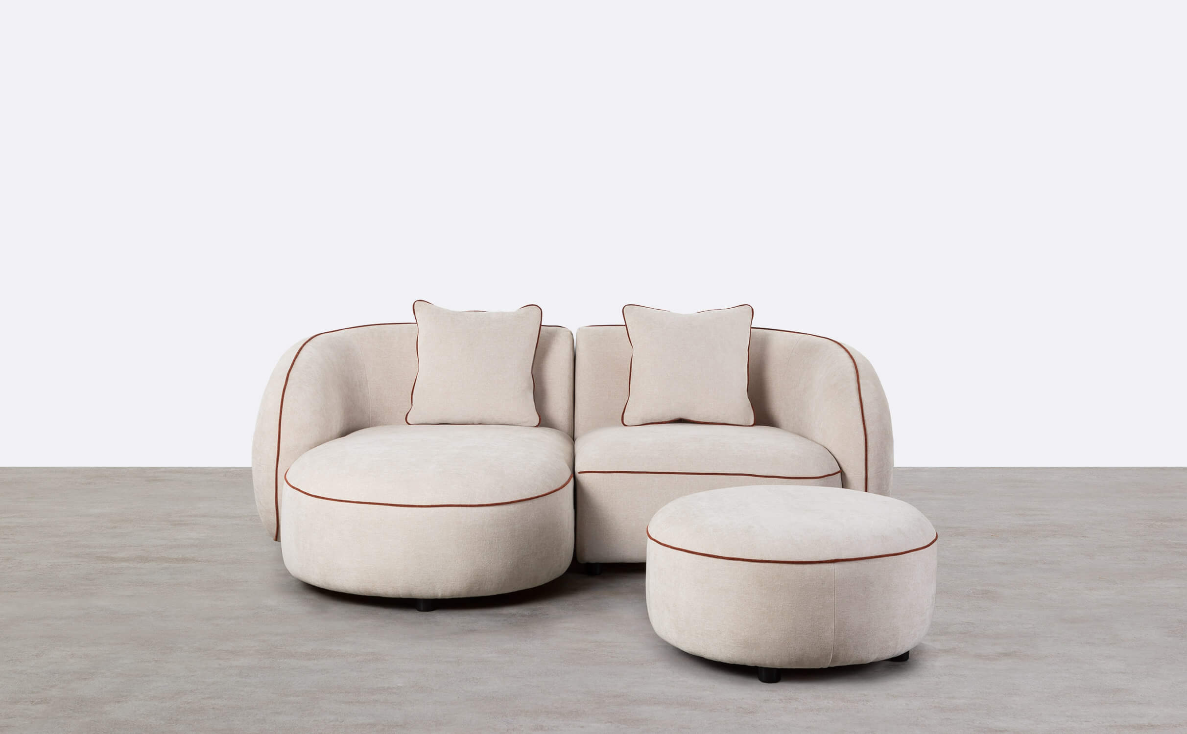 Sofá modular de canto de 2 peças com chaise longue e pufe redondo em tecido Ilham, imagem de galeria 1