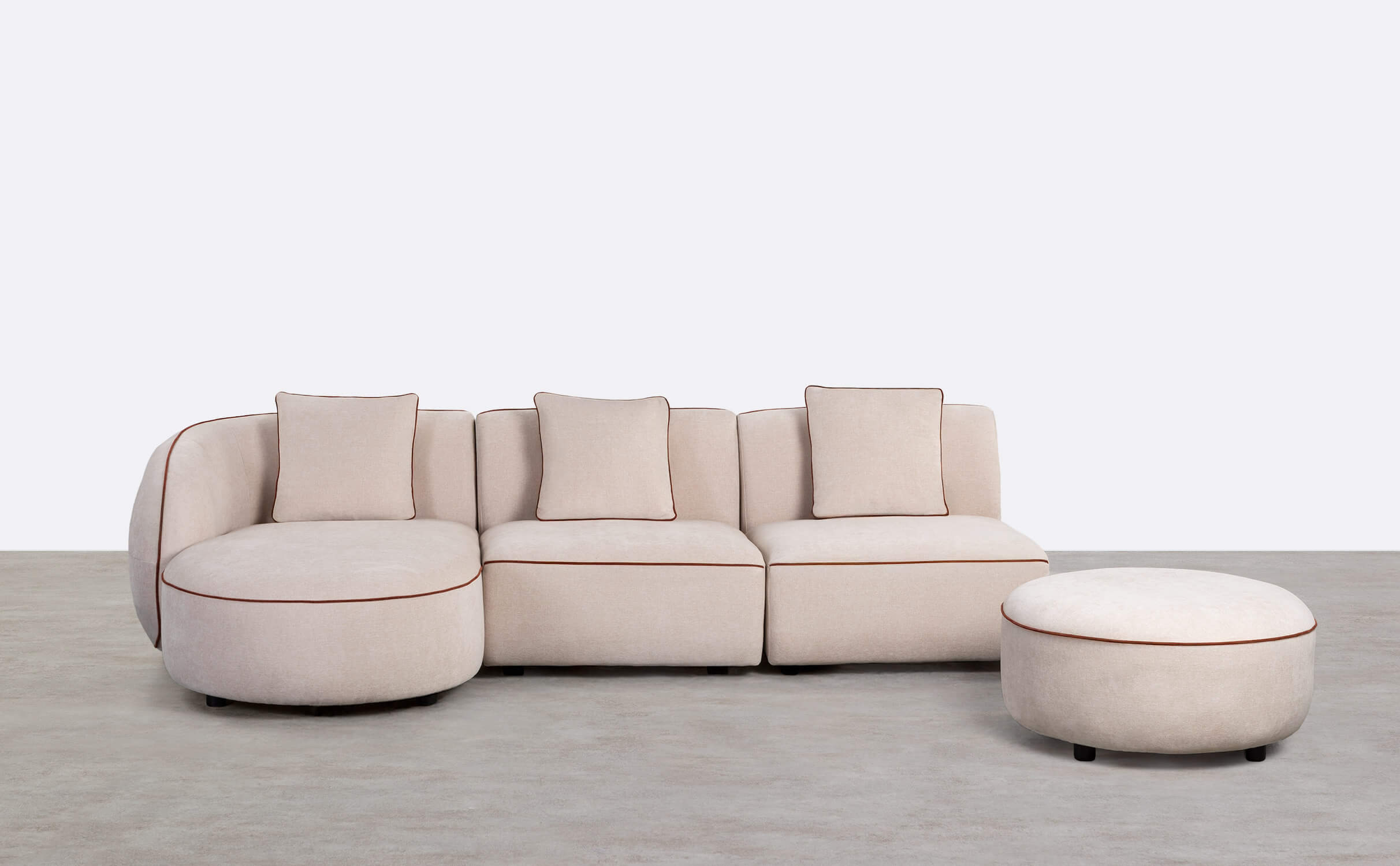 Sofá Chaise Longue Modular de 3 Peças com 2 Poltronas e Pufe Redondo em Tecido Ilham, imagem de galeria 1