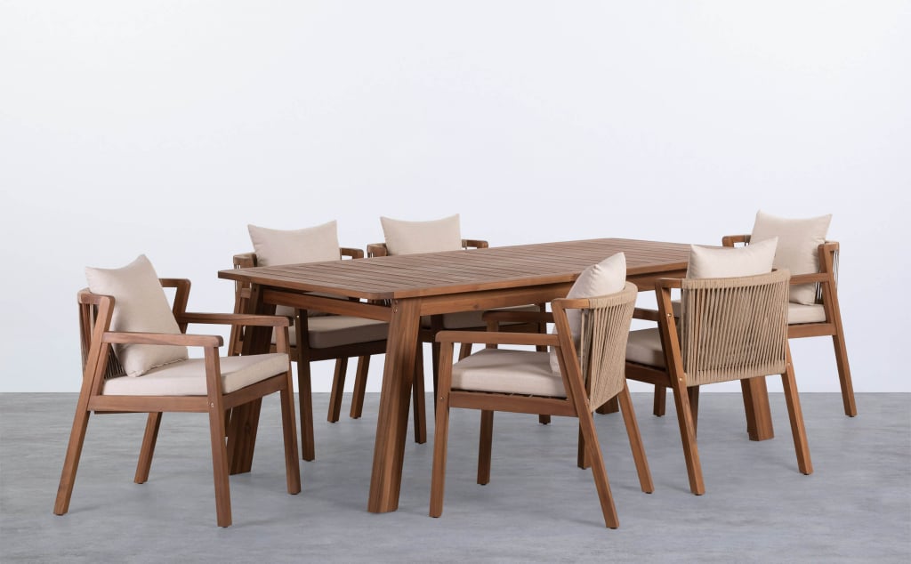 Conjunto de Mesa de Jardim Retangular e 6 Cadeiras com Braços de Madeira de Acácia Cael