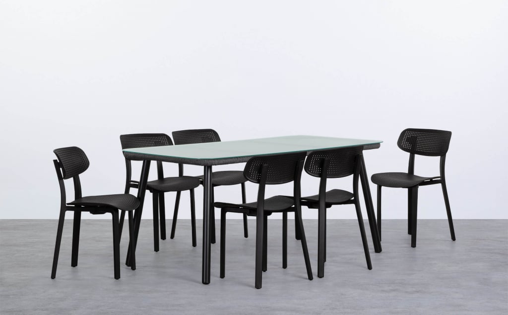 Conjunto de Mesa Retangular de Alumínio e Vidro Drian e 6 Cadeiras de Polipropileno para Área Externa Dasi