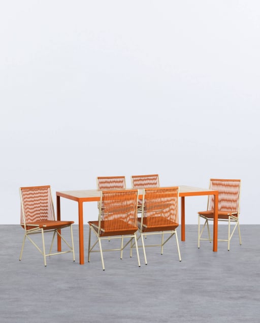 Conjunto de Mesa de Jantar Retangular com Cerâmica Zafiro e 6 Cadeiras de Vime e Metal Amur
