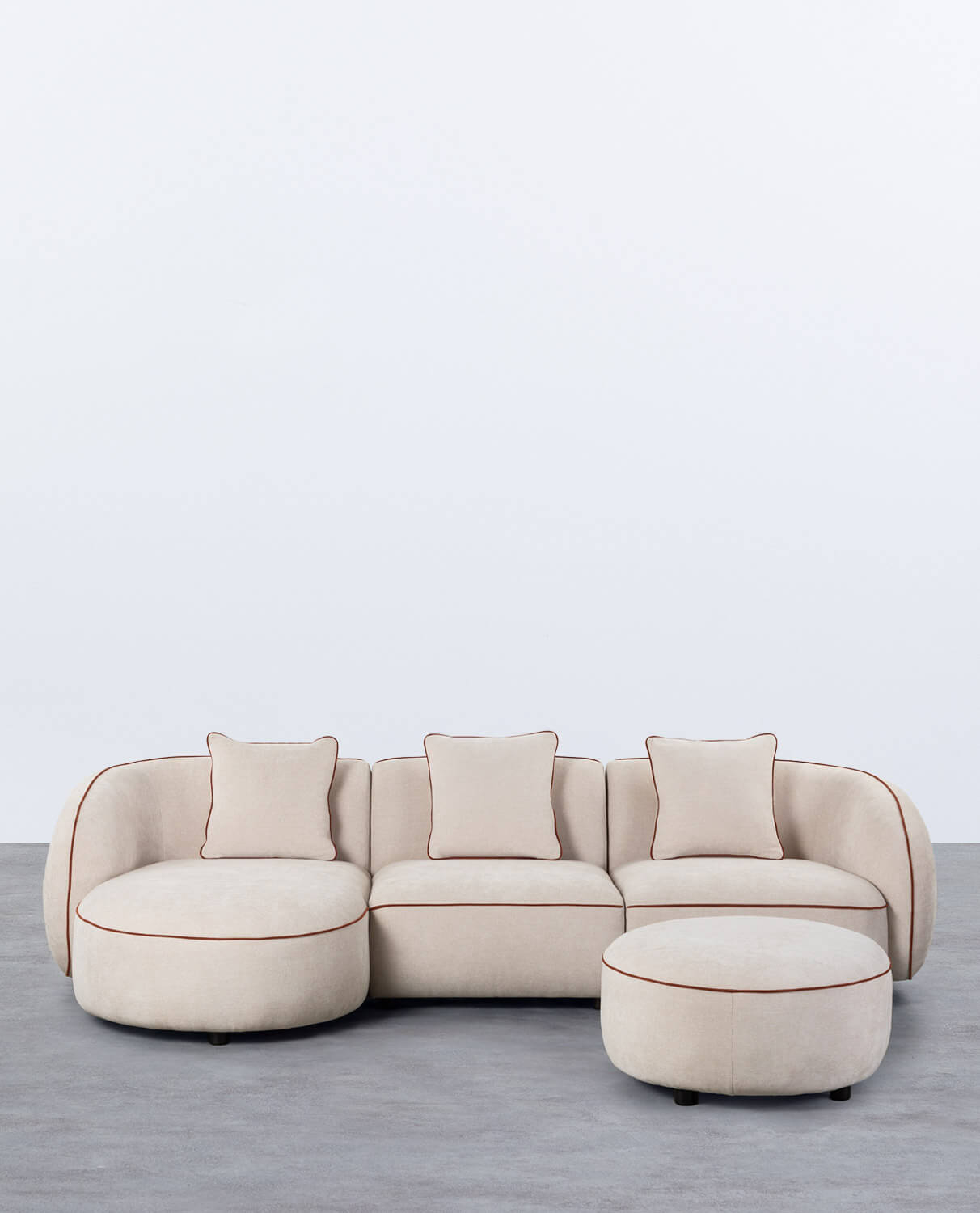 Sofá Modular 3 Peças Chaise Longue com Canto e Puff Redondo em Tecido Ilham 