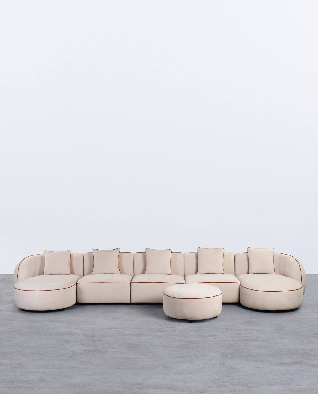 Sofá Modular 5 Peças com 2 Chaise Longue e Puff Redondo em Tecido Ilham 
