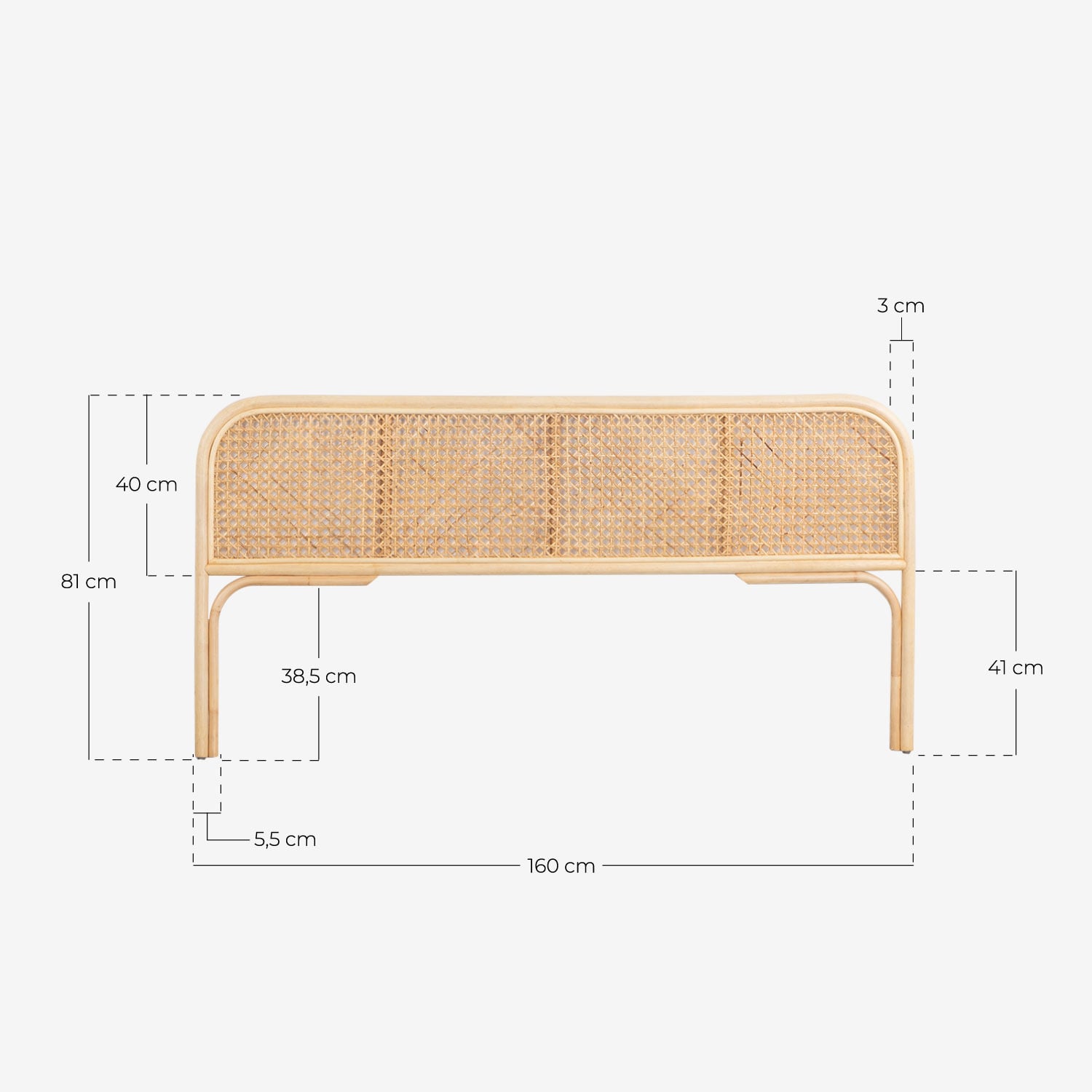 Cabeceira em rattan natural para cama de 160 cm Meili, Medidas