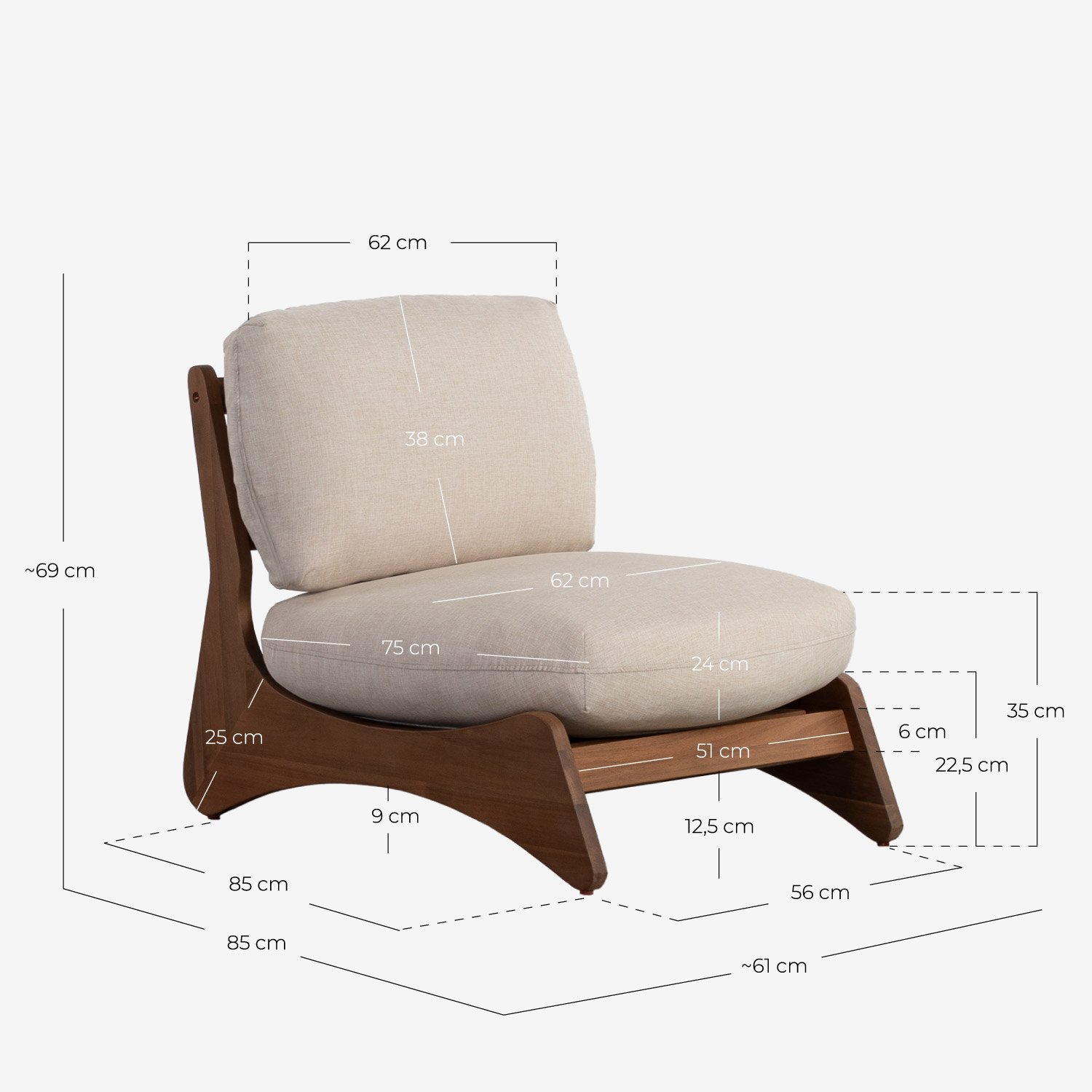 Conjunto de Jardim com Sofá de 2 Lugares, 2 Poltronas e Mesa de Centro em Madeira de Acácia e Tecido Lorent, Medidas
