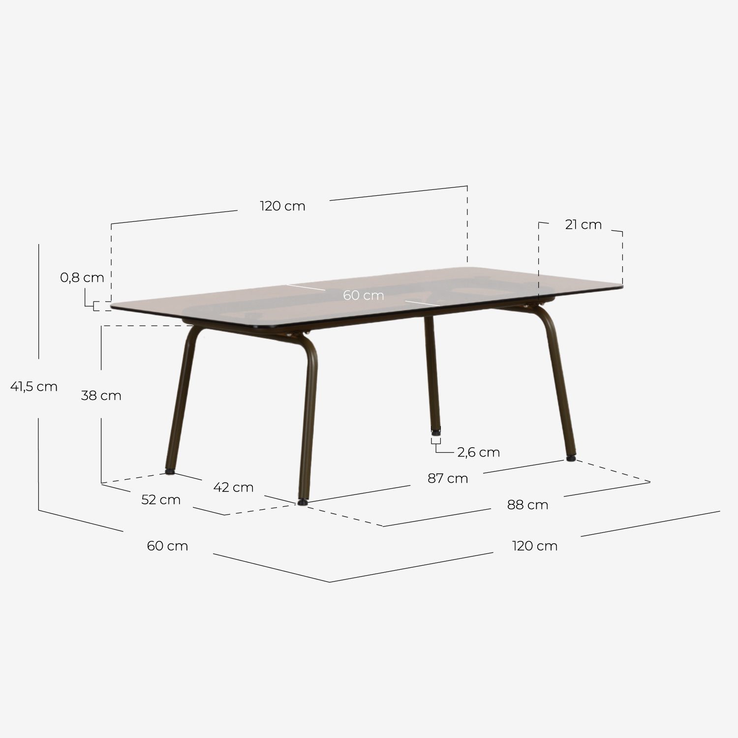 Conjunto de Jardim com Sofá de 2 Lugares, 1 Poltrona e Mesa de Centro de Vidro Temperado e Metal Xoan, Medidas