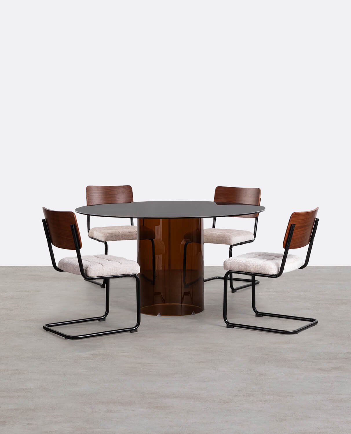 Conjunto de Mesa de Jantar Redonda de Vidro Temperado Kolu e 4 Cadeiras de Madeira e Tecido Cuba, imagem de galeria 1