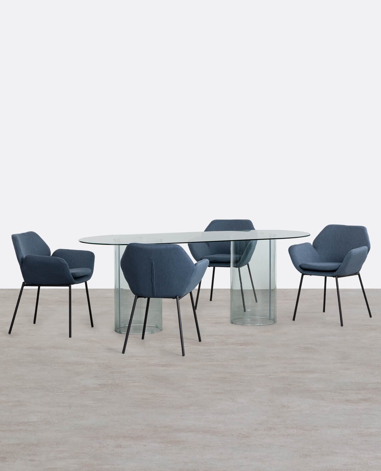 Conjunto de Mesa de Jantar Oval em Vidro Temperado Kolu e 4 Cadeiras em Tecido com Braços Eider, imagem de galeria 1