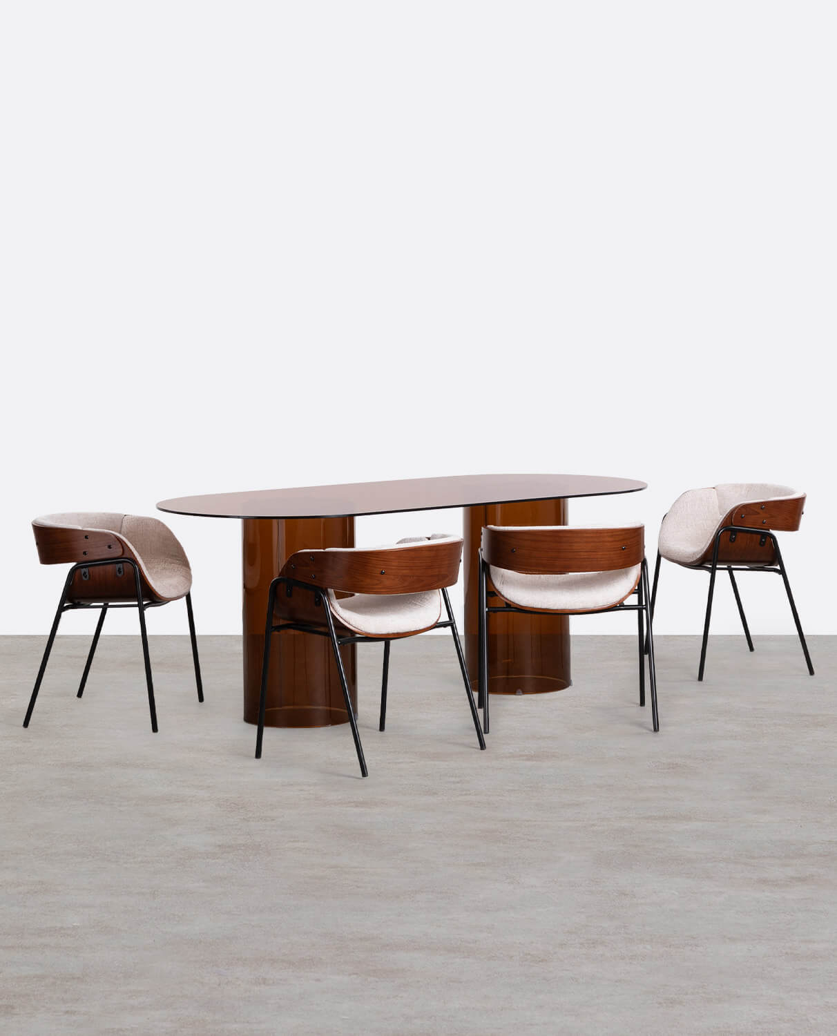 Conjunto de Mesa de Jantar Oval em Vidro Temperado (200x90 cm) Kolu e 4 Cadeiras em Madeira e Tecido Berlin, imagem de galeria 1