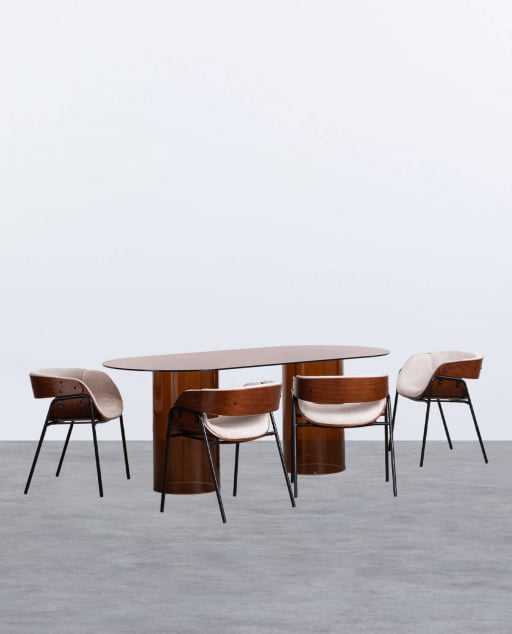 Conjunto de Mesa de Jantar Oval em Vidro Temperado (200x90 cm) Kolu e 4 Cadeiras em Madeira e Tecido Berlin