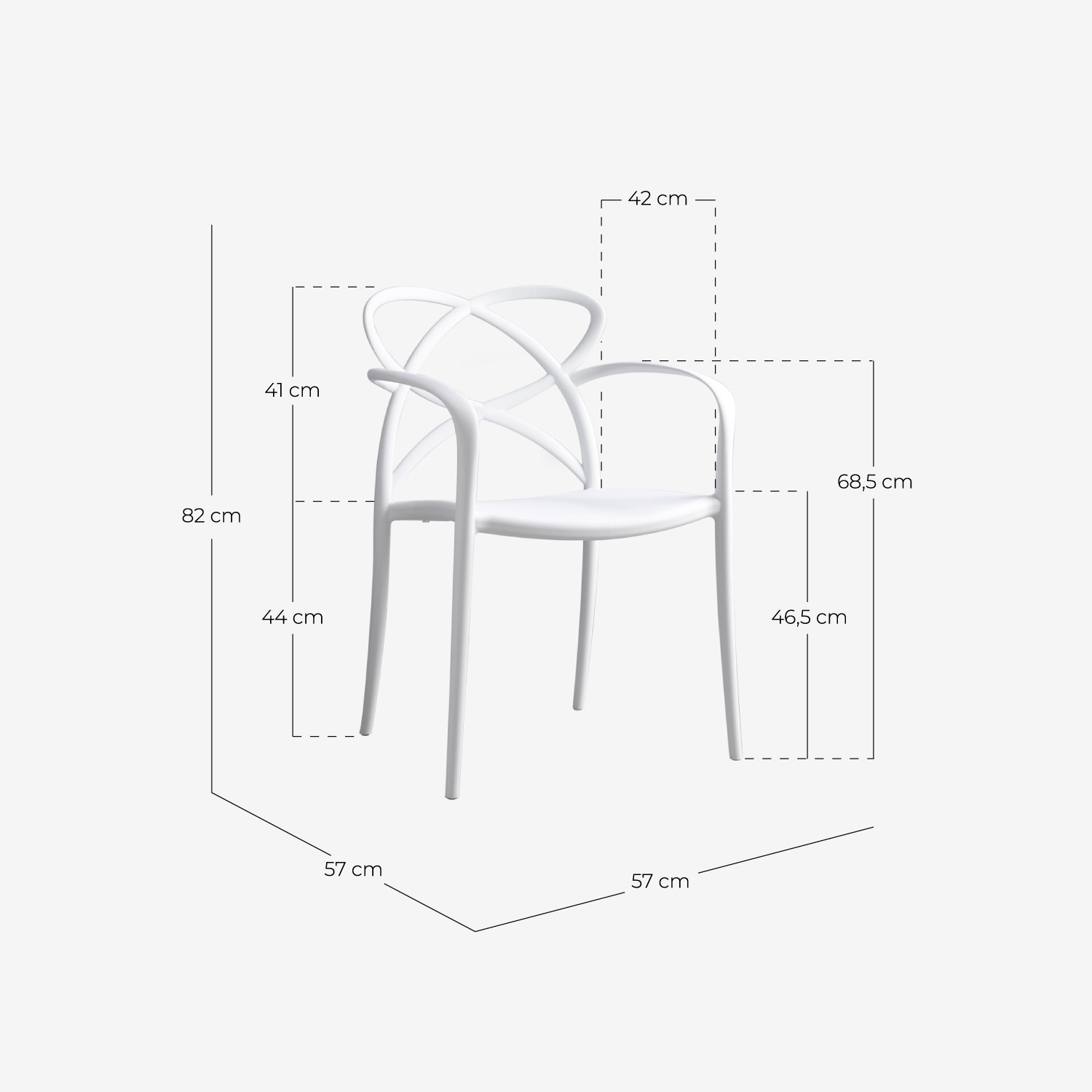 Conjunto de Mesa Retangular de Alumínio (160x90 cm) Cancun e 6 Cadeiras de Polipropileno com Braços para Área Externa Cielo, Medidas