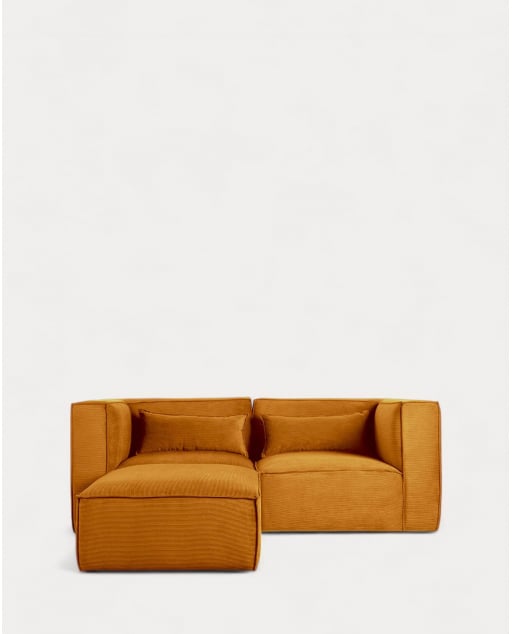 Sofá Modular de 2 Peças de Canto e Puff em Veludo Kilhe - Veludo -Amarelo Curry
