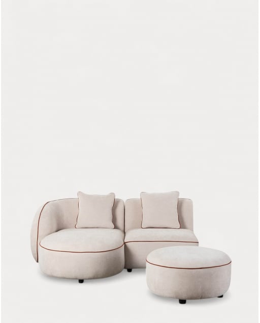 Sofá Chaise Longue Modular de 2 Peças com Poltrona e Pufe Redondo em Tecido Ilham - Bege Seashell