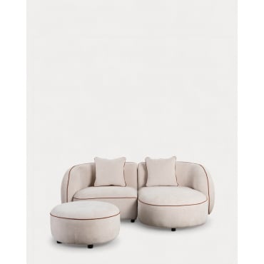 Sofá modular de canto de 2 peças com chaise longue e pufe redondo em tecido Ilham Bege Seashell & Chaise longue à direita - The Masie